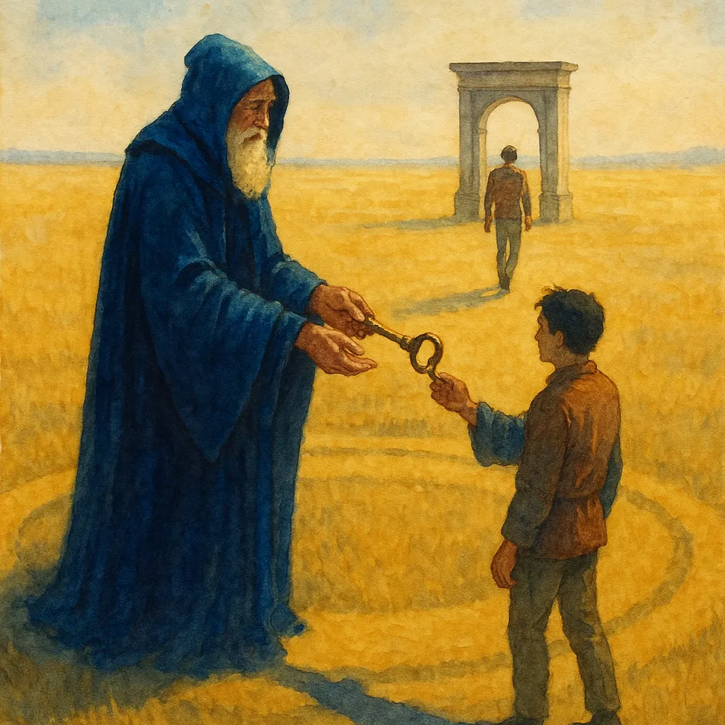 Wise old men with dark cloak handing over key to gate