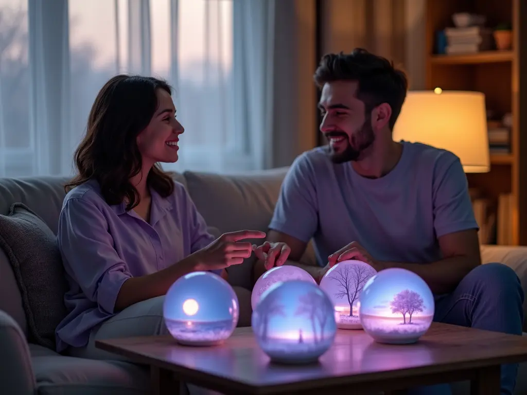 A woman and a man discuss shared dream orbs in a calm living room setting.