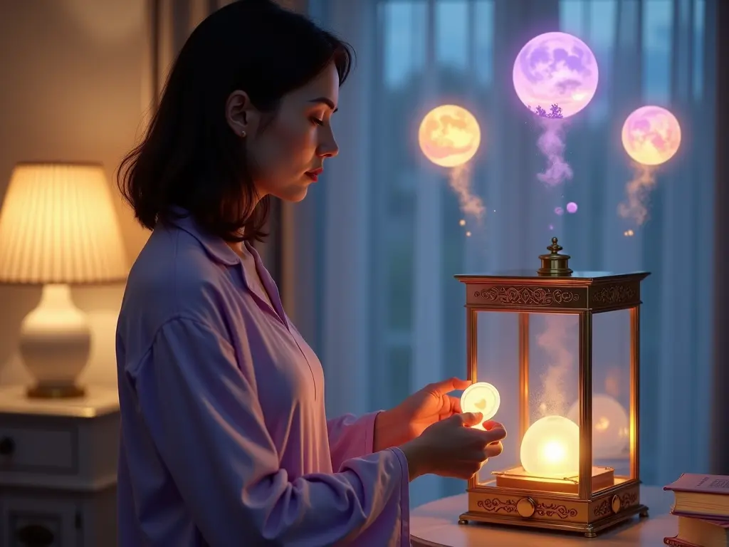 A woman activates a symbolic dream device with a glowing credit token as dream orbs rise upward.