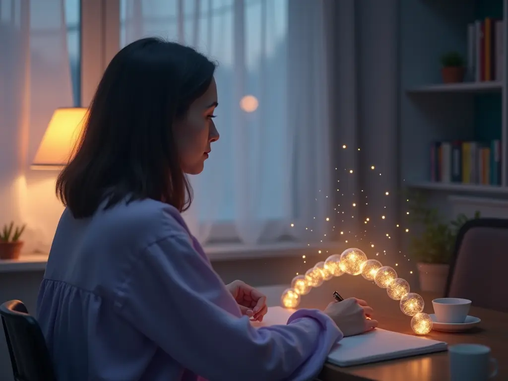 A woman writes in a journal as glowing dream orbs form a pattern of recurring dream insights.