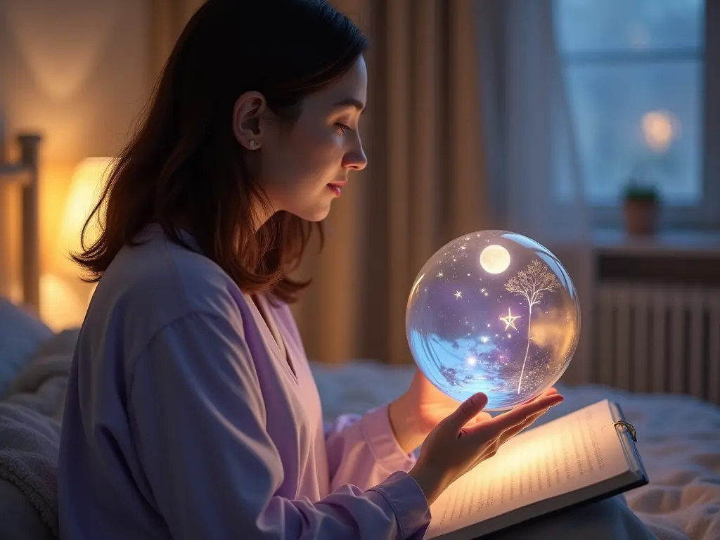 A woman holds a glowing dream orb above an open journal, showing a complete dream result.