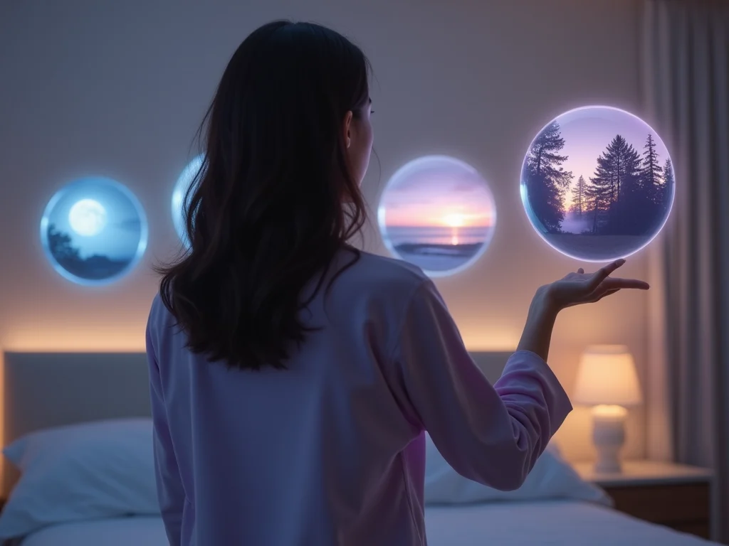 A woman choosing between four glowing dream orbs representing different visual styles.