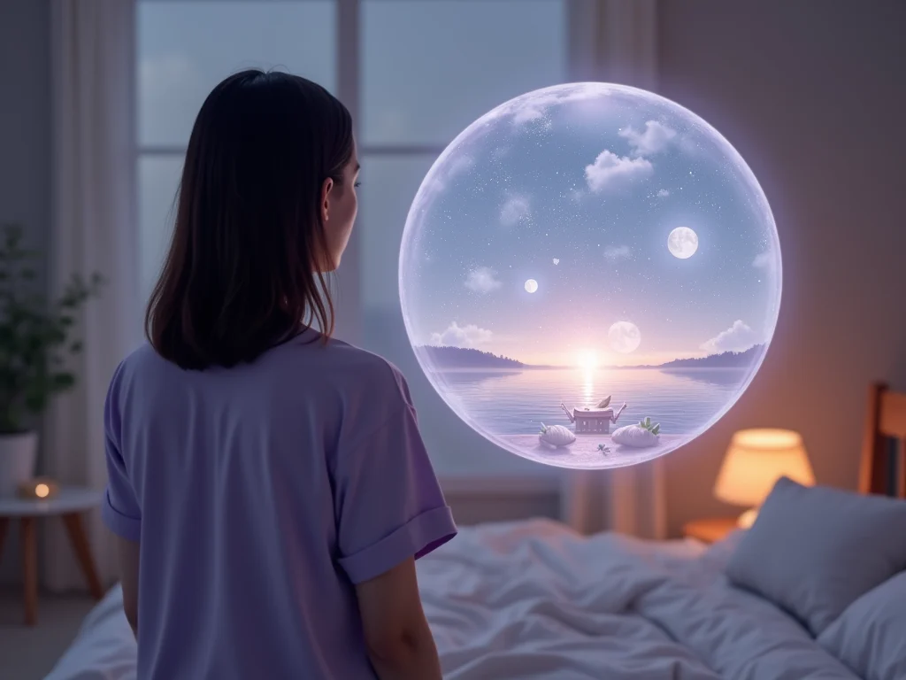 A woman watching a dream result appear inside a glowing orb.