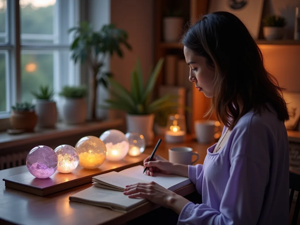 A woman revisiting saved dream orbs in a calm personal dream journal setting.