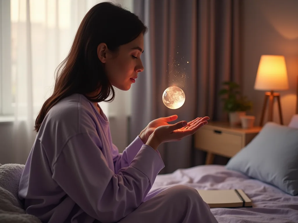 A woman sharing her dream with a glowing dream orb in a calm bedroom.