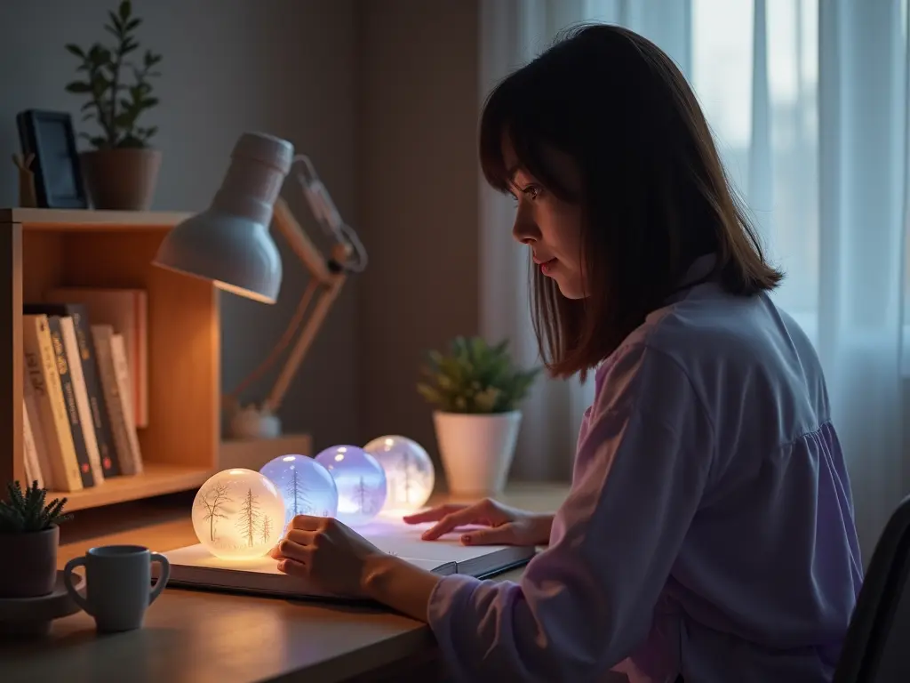 A woman revisits saved dream orbs beside a personal dream journal in a quiet room.