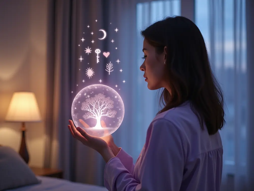 A woman holds a glowing dream orb surrounded by symbolic dream elements and archetype imagery.